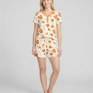 Fall Caramel Apple Family Matching Bamboo Women Short Sleeve Short Pajama Set