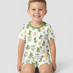 Personalized Dinosaur Birthday Boy Bamboo Two Piece Short Sleeve Shorts Pajama Set