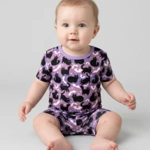Spooky Black Cat Halloween Purple Bats Bamboo Shorty Zippy