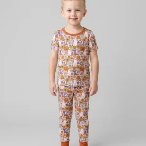 Ghost Pumpkin Fall Floral Halloween Bamboo Two Piece Short Sleeve Pajama Set