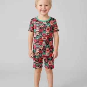 Retro Halloween Monsters Ghost Pumpkin Mummy Bamboo Two Piece Short Sleeve Shorts Pajama Set
