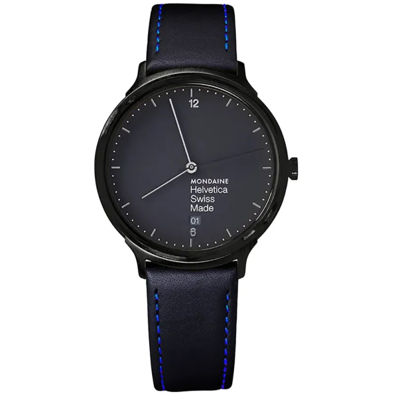 Mondaine Helvetica Armbanduhr mit schwarzem Lederarmband und blauem Zierstich, dunklem Zifferblatt