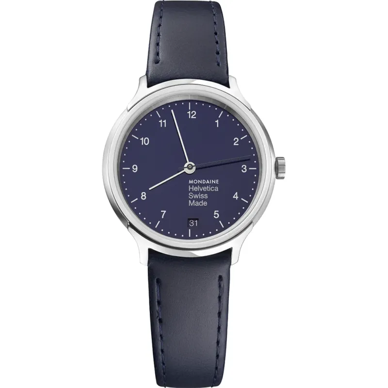 Mondaine Helvetica Herrenarmbanduhr: blaues Zifferblatt, silbernes Gehäuse, Lederband