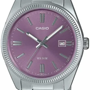 Casio Herrenuhr mit silbernem Metallband und lila Zifferblatt, rundes Gehäuse