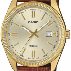 Casio Herrenarmbanduhr mit goldfarbener Lünette, beigem Zifferblatt und braunem Lederband mit Datum