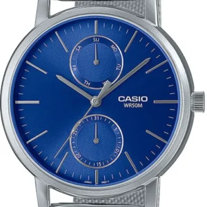 Herrenuhr mit silbernem Metall-Mesh-Armband und blauem rundem Zifferblatt