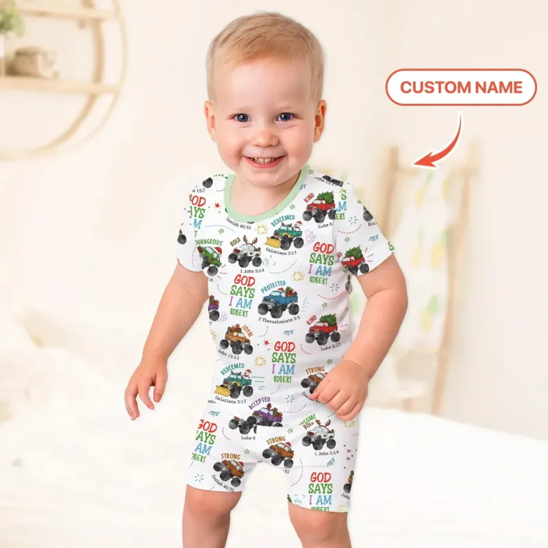Personalized God Says I Am Christmas Monster Truck Two Piece Short Sleeve Shorts Pajama Set , Personalized God Says I Am Christmas Monster Truck Two Piece Short Sleeve Shorts Pajama Set - 12-18M