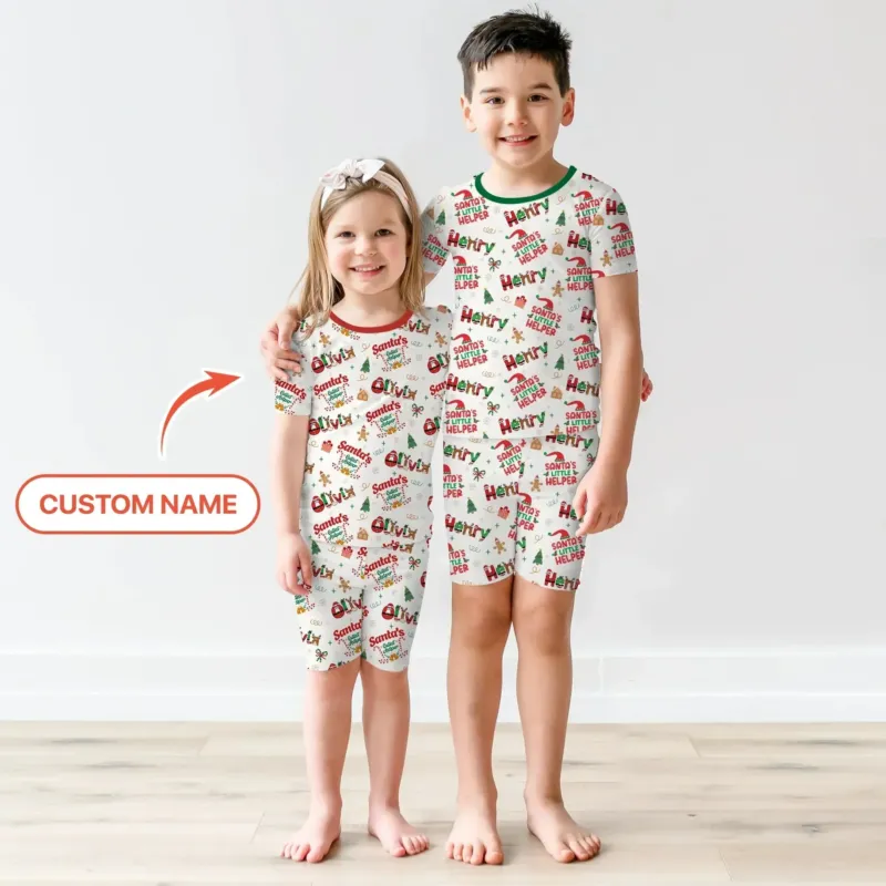 Personalized Santa's Little Helper Two Piece Short Sleeve Shorts Pajama Set , Personalized Santa's Little Helper Two Piece Short Sleeve Shorts Pajama Set - 12-18M