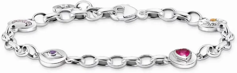 Silbernes Gliederarmband mit runden Anhängern und bunten Schmucksteinen, Thomas Sabo