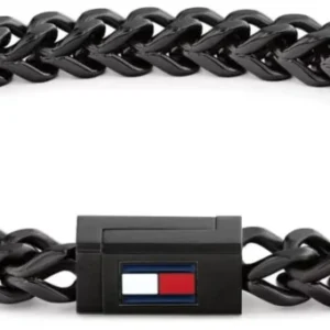 Herrenarmband aus schwarzem Edelstahl mit Flecht-Gliedern und rechteckigem Verschluss, Flagge
