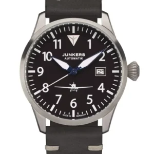 Junkers Herrenuhr mit schwarzem Zifferblatt, Stahlgehäuse und schwarzem Lederarmband