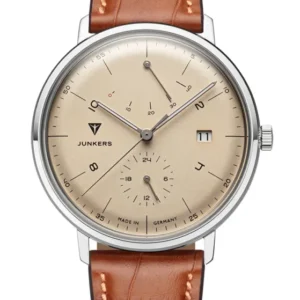 Junkers Bauhaus 910.01 Herren Automatikuhr mit beigem Zifferblatt und braunem Lederband
