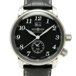 Herrenuhr mit schwarzem Zifferblatt und schwarzem Lederarmband, Edelstahlgehäuse