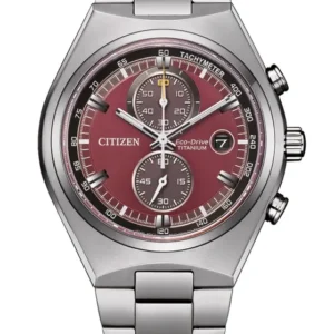 Silberfarbene Herrenuhr mit Chronograph, rotem Zifferblatt und Datumsanzeige