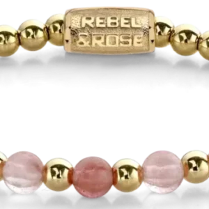 Armband mit goldfarbenen Perlen und rosafarbenen Steinen, Edelstahlverschluss Rebel&Rose