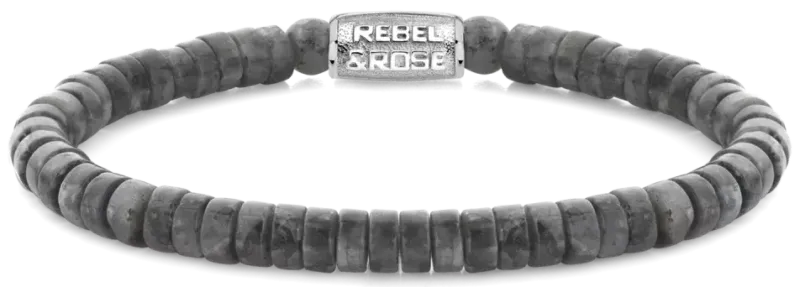 Armband mit grauen Natursteinperlen und Edelstahlverschluss, Rebel&Rose-Prägung