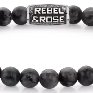 Armband mit schwarzen Larvikit-Perlen und Edelstahlverschluss mit Rebel&Rose