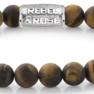 Armband mit 8-mm Tigeraugen-Perlen und Edelstahlverschluss, Rebel&Rose Gravur.