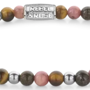 Armband aus Steinperlen (4 mm) mit Edelstahlverschluss, rosa, grau und goldene Akzente