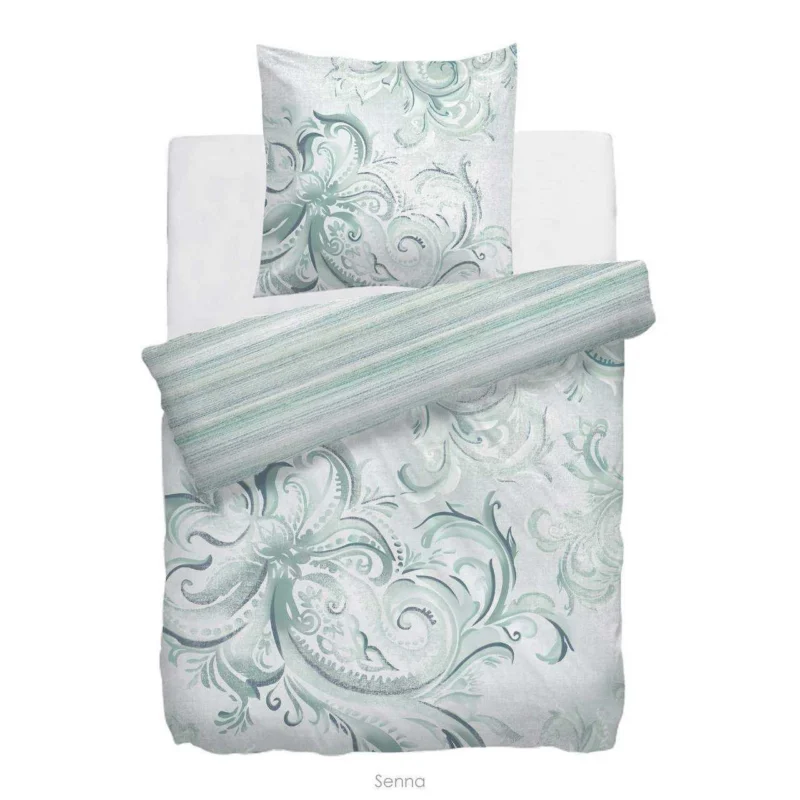 HnL Satin Wende Bettwäsche Gestreift Blume Grün Refined Senna 135x200 cm
