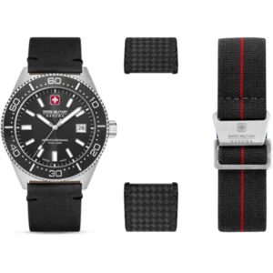 Swiss Military Hanowa Nomad Herrenuhr-Set: schwarze Uhr mit Wechselarmbändern, rot akzentuiert