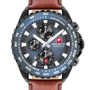 SWISS MILITARY HANOWA Chronograph für Herren, braunes Lederarmband, blau-schwarzes Zifferblatt