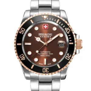 Herren-Automatikuhr Swiss Military Hanowa mit schwarzem Zifferblatt und Edelstahlarmband