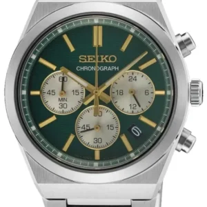Seiko Herrenarmbanduhr mit grünem Chronograph-Zifferblatt, goldenen Akzenten, Stahlarmband