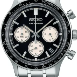 Herrenchronograph mit silbernem Edelstahlarmband, schwarzem Zifferblatt und Tachymeter-Lünette