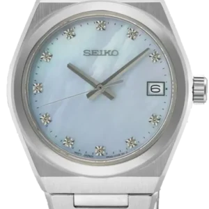 Seiko Damenuhr mit blauem Perlmuttzifferblatt, silbernem Armband und Datumsfenster