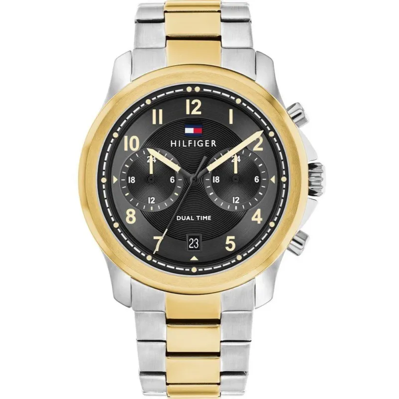 Herrenarmbanduhr Tommy Hilfiger, gold-silbernes Edelstahlband, schwarzes Zifferblatt Dual Time