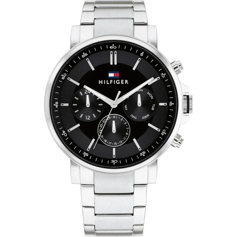 Tommy Hilfiger Herrenuhr mit schwarzem Zifferblatt und Edelstahlarmband, analog