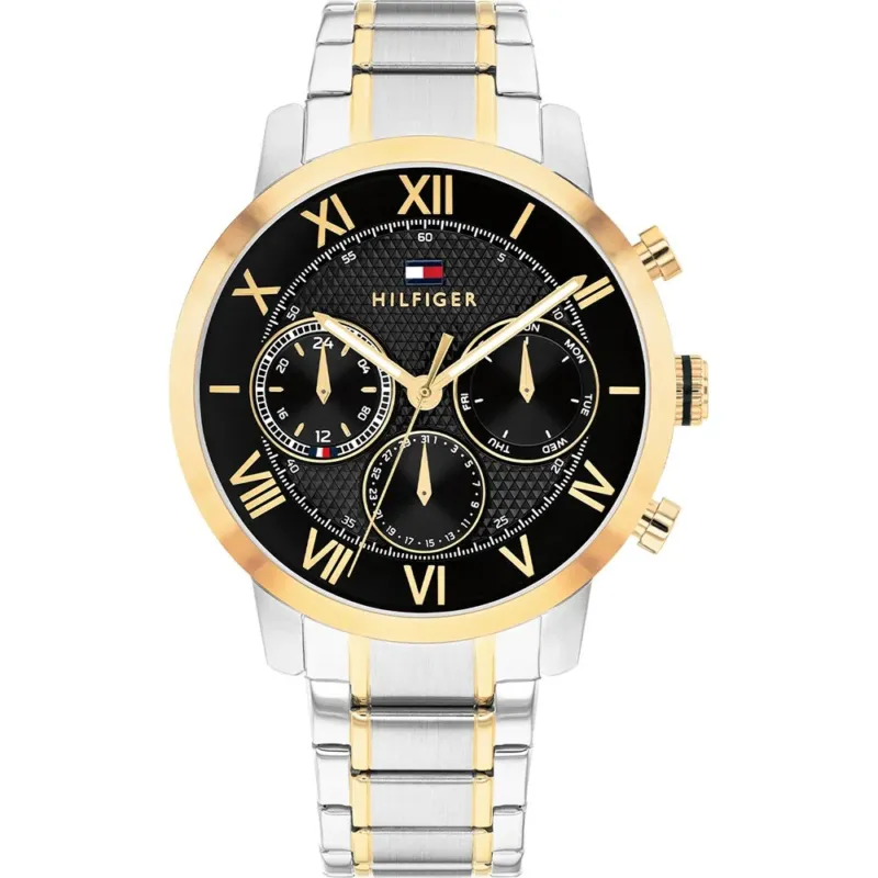 Tommy Hilfiger Herrenarmbanduhr, zweifarbiges Edelstahlband, schwarzes Zifferblatt, Mineralglas