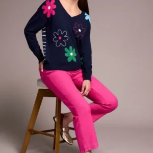 Daisy Flower Front Cotton V-Neck Sweater