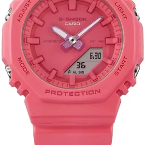 Casio G-Shock Damenuhr mit rosafarbenem Zifferblatt, Anzeige 5:30 und Schutzstruktur