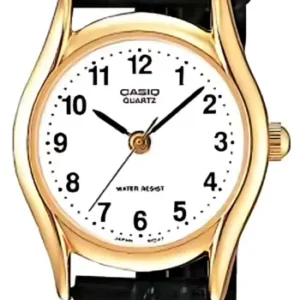 Casio Damenuhr mit schwarzem Lederarmband, goldfarbenem Gehäuse und weißem Zifferblatt