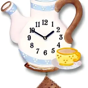 Teekannenförmige Pendeluhr: weiß-blau, braune Griffe, Uhr mit schwarzen Ziffern
