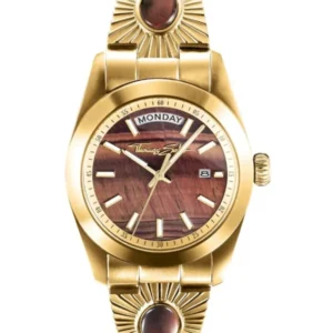Goldfarbene Damenarmbanduhr mit rundem Zifferblatt und braunroten Akzenten, Stahlband