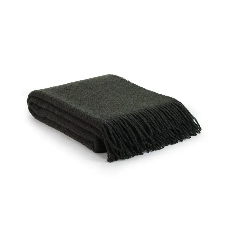 Folded Wool Bouclé Throw Blanket Paris in swamp green, showing textured knit